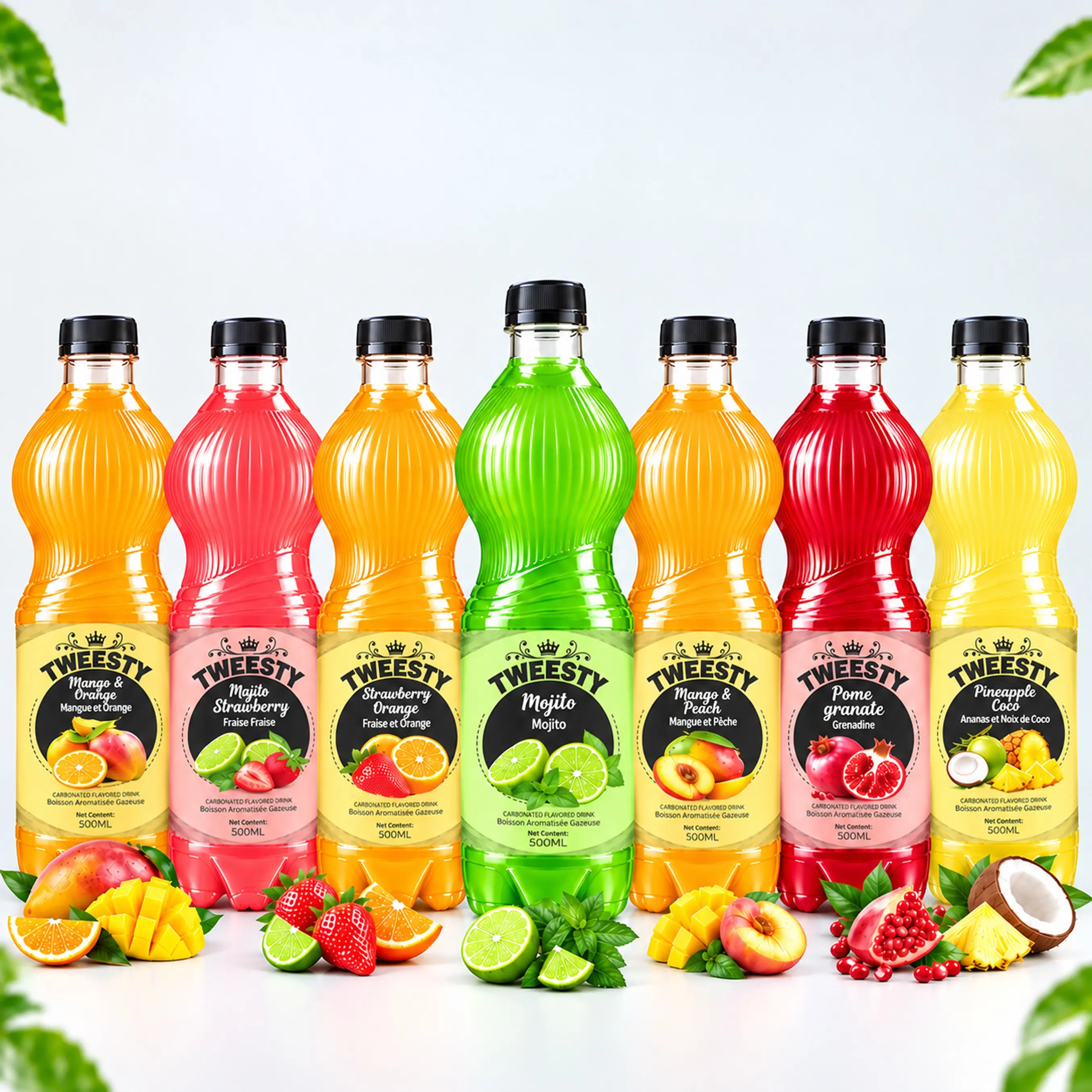 TWEESTY assorted carbonated flavoured drinks in Mango Orange, Mojito Strawberry, Strawberry Orange, Mojito, Mango Peach, Pomegranate and Pineapple Coco flavours, 500ml PET bottles